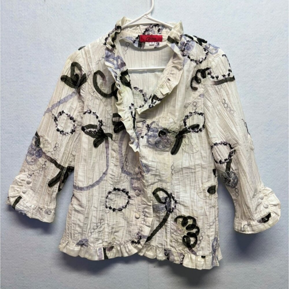 Vintage Carina Ruffle Blouse Abstract Floral Long Sleeve Size Small